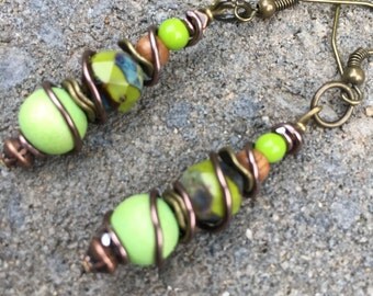 Boho Earrings, Hippie Earrings, Lime Green Earrings, Unique Earrings, Gypsy Earrings, Trendy Earrings, Dangle Earrings