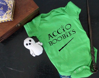 Harry Potter Accio Boobies Onesie. Halloween. Costume. Funny. Breastfeeding. Wizard. Witch. Hogwarts. Spells. Birthday Present. Baby Shower.