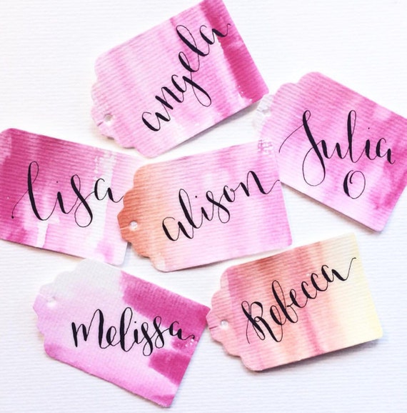 Watercolour calligraphy name tags by willowandinkdesign on Etsy
