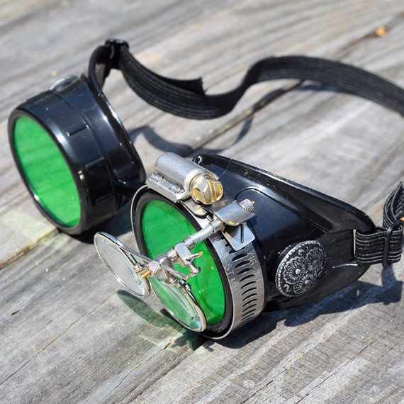 STEAMPUNK GOGGLES Black with Green Lenses Silver Accents and