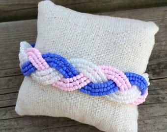 Pink beaded bracelet, braided cuff bracelet, boho bracelet, periwinkle cuff bracelet, periwinkle bracelet, pink bridesmaids, bridesmaids