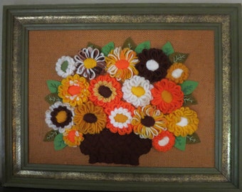 Framed Vintage Crewel Bouquet on Burlap