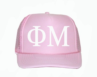 Phi Mu Trucker Hat, phimu Trucker Hat, Greek Letter Glitter Trucker Hat, Phi Mu Sorority, Greek Sorority Trucker hat, Phimu sorority apparel
