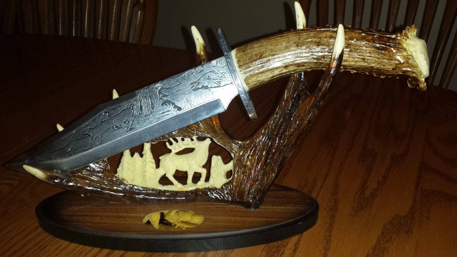 No 1 Custom made deer antler handle display knife with deer