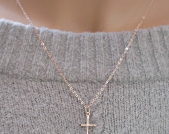 Rose Gold Cross Necklace 14k gold filled dainty jewelry small cross gift Minimalist Baptismal Confirmation gift Religious Layering necklace