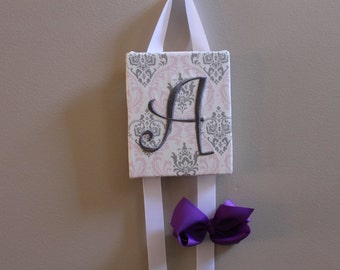 Hair Bow Holder Pink Grey Damask Monogrammed Embroidered Personalized Hair Bow Holder Hair Clip Holder Hairbow Holder Hair Bow Organizer
