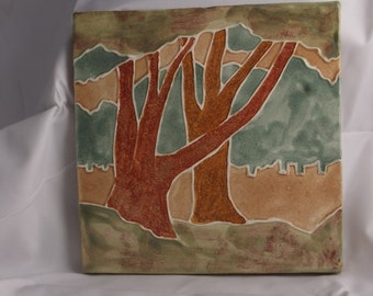 Ceramic Landscape Tile- Two Trees -Moss