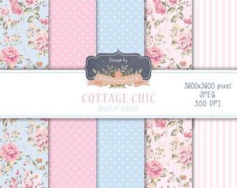 SALE Cottage Chic digital paper, floral pink and blue paper, floral paper, shabby chic paper, floral blue paper, polka dots