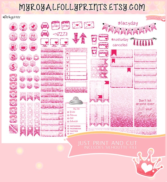 Pink Glitter Weekly Kit | Printable Planner Stickers | Happy Planner | Instant Digital Download with Silhouette file