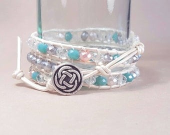 Turquoise, pink, and silver leather wrap bracelet