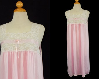 Vintage Pink Nightgown, Deena White Lace, Size Large Shift
