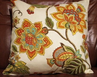Yellow Orange and Green Floral pillow cover 16X16 - 1 in stock. Contact me for larger quantity as I can usually buy more of this fabric