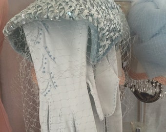 Vintage blue sequence summer hat with veil netting