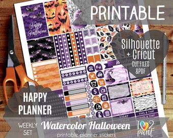 Watercolor Halloween Weekly Printable Planner Stickers, Happy Planner Stickers, Weekly Stickers, Halloween Stickers, Mambi - Cut files