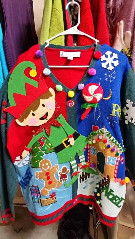 Ugly Christmas Sweater Elf Gingerbread House Presents Trees