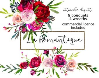 Watercolor Floral Clipart Red Purple Pink Burgundy Roses Peonies Flower Bouquets Wreaths PNG Fall Scarlett Wedding Flowers Commercial Use