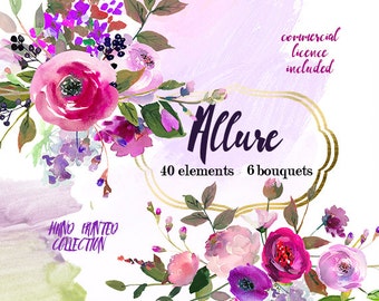 Purple Watercolor Flowers Clipart Set Wedding Floral Bouquets Purple Green Red Peony Roses Clip Art Digital Floral Elements DIY Invitation