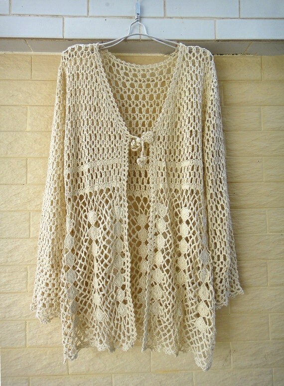 Tie Front Crochet Boho Cardigan Long Sleeve Women Blouse