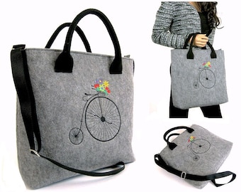 Grey FELT LAPTOP BAG - Women Felt Bag - Old Bike - Felt Tote Bag - Felt Handbag - Felt Shoulder Bag