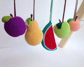 Baby gym toys fruits Set of 5, hanging toys, play gym toys, crib toys, crochet rattles, activity center toys