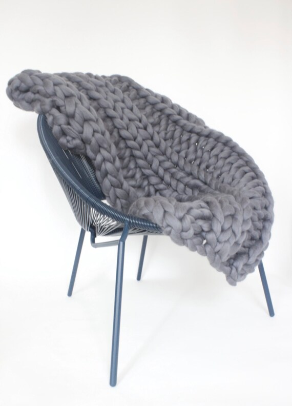 Grey Chunky knit blanket Merino wool Wool throw Chunky