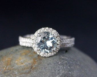 Blue Aquamarine Engagement Ring – Half Eternity Diamond Wedding Band – Choose Your Setting