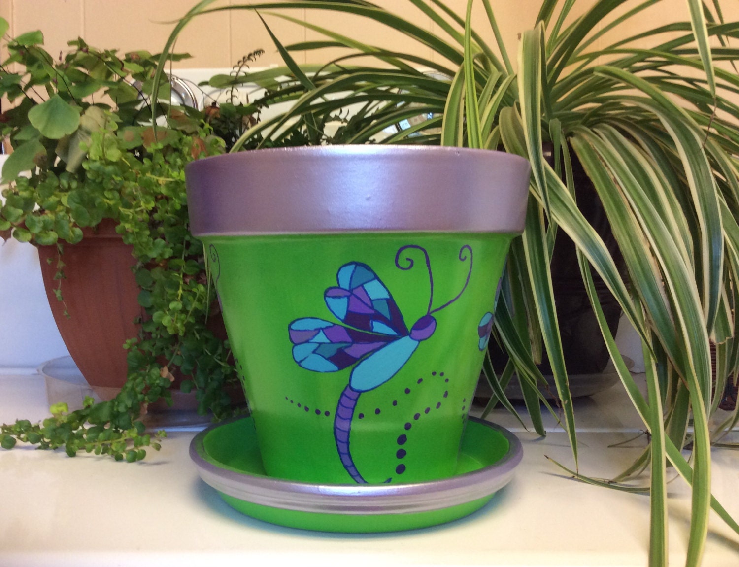 Blue Dragonfly 8 clay flower pot