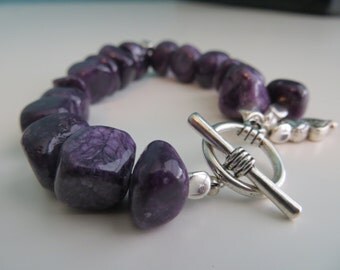 Chunky Purple Stone Beaded Bracelet with Silver Clasp