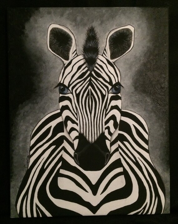 Zebra Black and White 16x20 acrylic painting on canvas blue