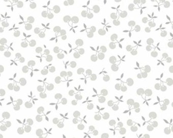 BTHY - Fog City Kitty by Pam Kitty Morning for Lakehouse Dry Goods, Pattern #LH 13011-PEWTER, Cherries in Grey on White, By Half Yard