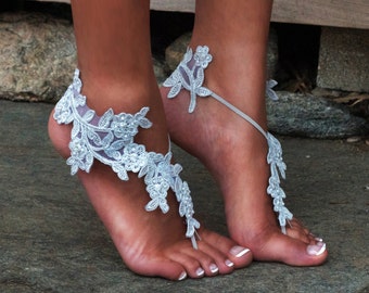 SILVER Lace Barefoot Sandals, ELSIE, Metallic Silver Shiny Beaded Sequins, Wedding, Grey, Gray, Bridal Party, Bride Tribe, gunmetal, pewter