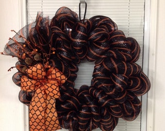 Halloween Wreath, Black with Orange Stripe Deco Mesh Fall Wreath