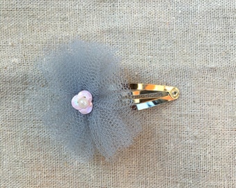 Grey Tulle silver hair clip with paillettes and pearls
