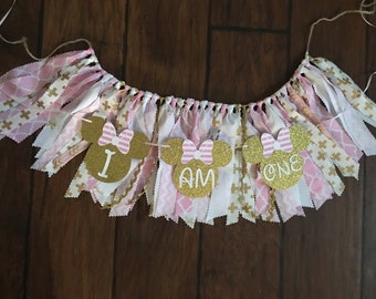 Pink and gold minnie mouse themed high chair skirt and small banner