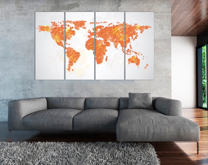 Large Orange Abstract World Map Canvas Wall Art Panel Set of 1,3,4 or 5 Panels on Canvas Wall Art for Home & Office Decoration