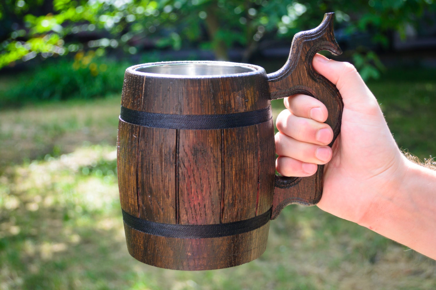 Beer mug with carved handle wooden mug with metal inside