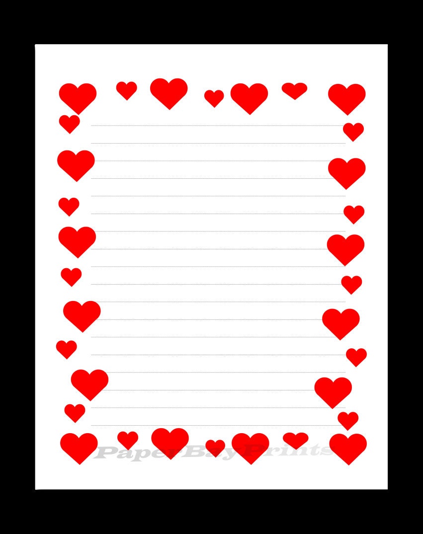 printable lined paper with heart border red hearts design