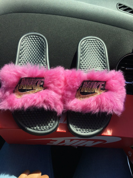 girl nike slides with fur