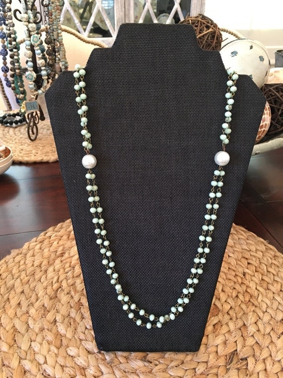 Beautiful sea foam green and pearl double strand necklace