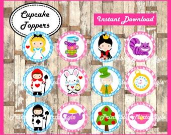 Alice in Wonderland cupcakes toppers, printable Alice in Wonderland party toppers, Alice in Wonderland cupcakes toppers
