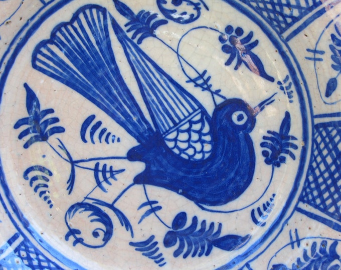 Vintage earthenware wall plate, folkart ceramic dish, clay fruitbowl, blue and white bird of paradise, vintage copy 17th cent. delft plate