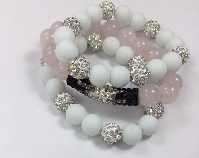 Designer Fashion Rose Quartz 10mm Beaded Stretch Bracelet with Crystal Pave Tube Charm. Perfect for Stacking!