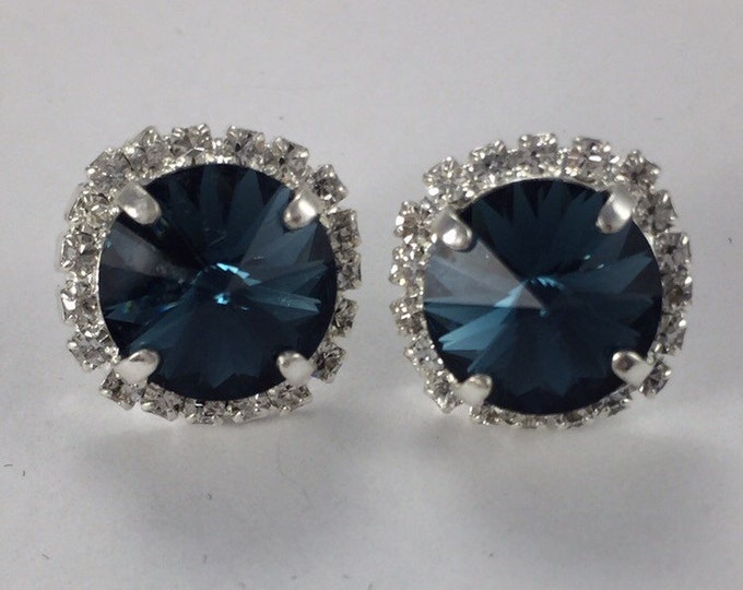 Something Blue Genuine Swarovski Rivoli Montana Blue Crystal Stud Earrings in a high polished silver setting. Nickel Free