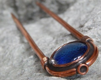 Blue hair pin Copper hair pin Hair stick Wire wrapped pin Hair holder Boho wedding pin Hair jewelry For mom For her Steampunk hairpin