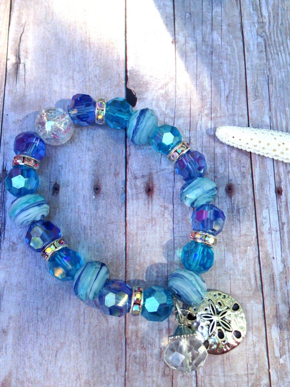 Sand dollar blue glass beads bracelet stackable summer