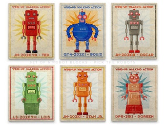 Robot Nursery Art- Dad Gifts- Robot Nursery Decor Boy- Retro Robot Art Block Signs- Kid Decor- Set of 6- Art for Boys Room- Kid Bedroom