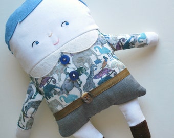Blue Hair Two-Faced Friend Flip Boy Doll Dressed in Liberty Of London Fabrics