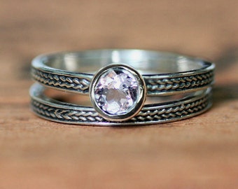 Morganite bridal set, pink morganite engagement ring set, braided wedding band, braided wedding ring, morganite ring set, silver ring custom