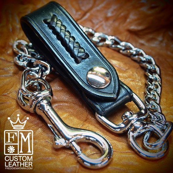 Black Leather wallet chain American bridle leather and braided Kangaroo lace 20" Flat link chain Made for YOU in NYC by Freddie Matara