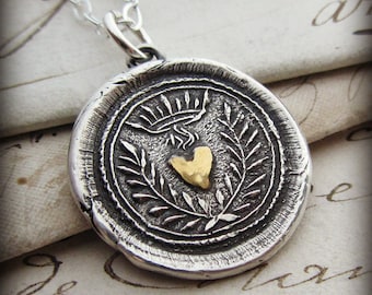 Flaming Heart Wax Seal Necklace - wax seal jewelry in fine silver and 22kt gold- Eternal Love - E2270